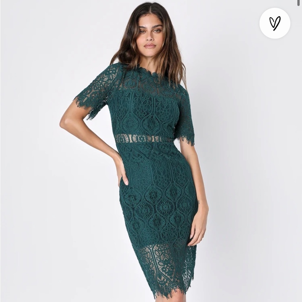 Lulus Remarkable Forest Green Sheer lace Short Sleeve Mid Dress